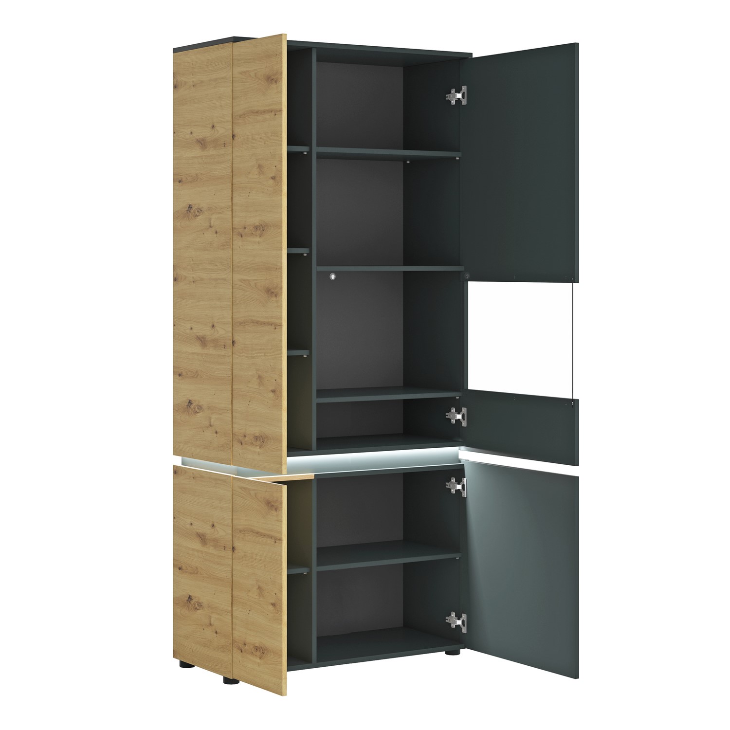 Read more about Tall dark grey and oak 4 door display cabinet with leds luci